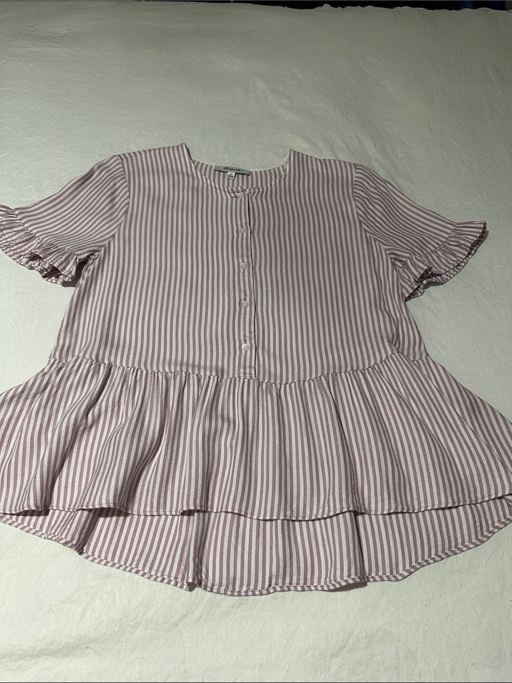 Madewell Pink and White Striped Ruffle Peplum Blouse